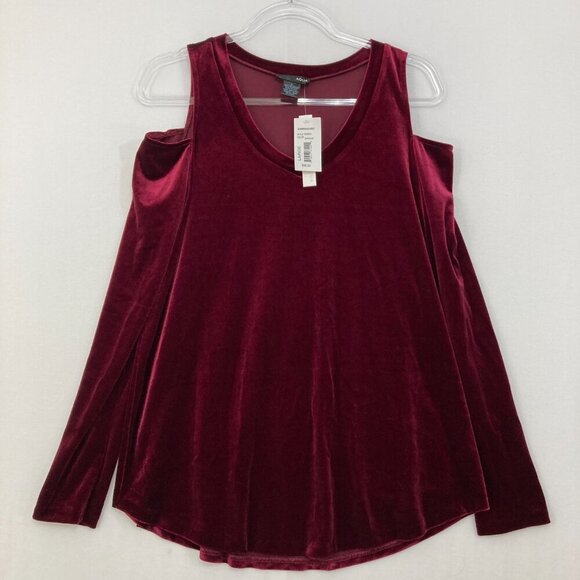 New Aqua Large Burgundy Velvet Cold Shoulder Stretch Long Sleeve Romantic Blouse - Picture 1 of 8